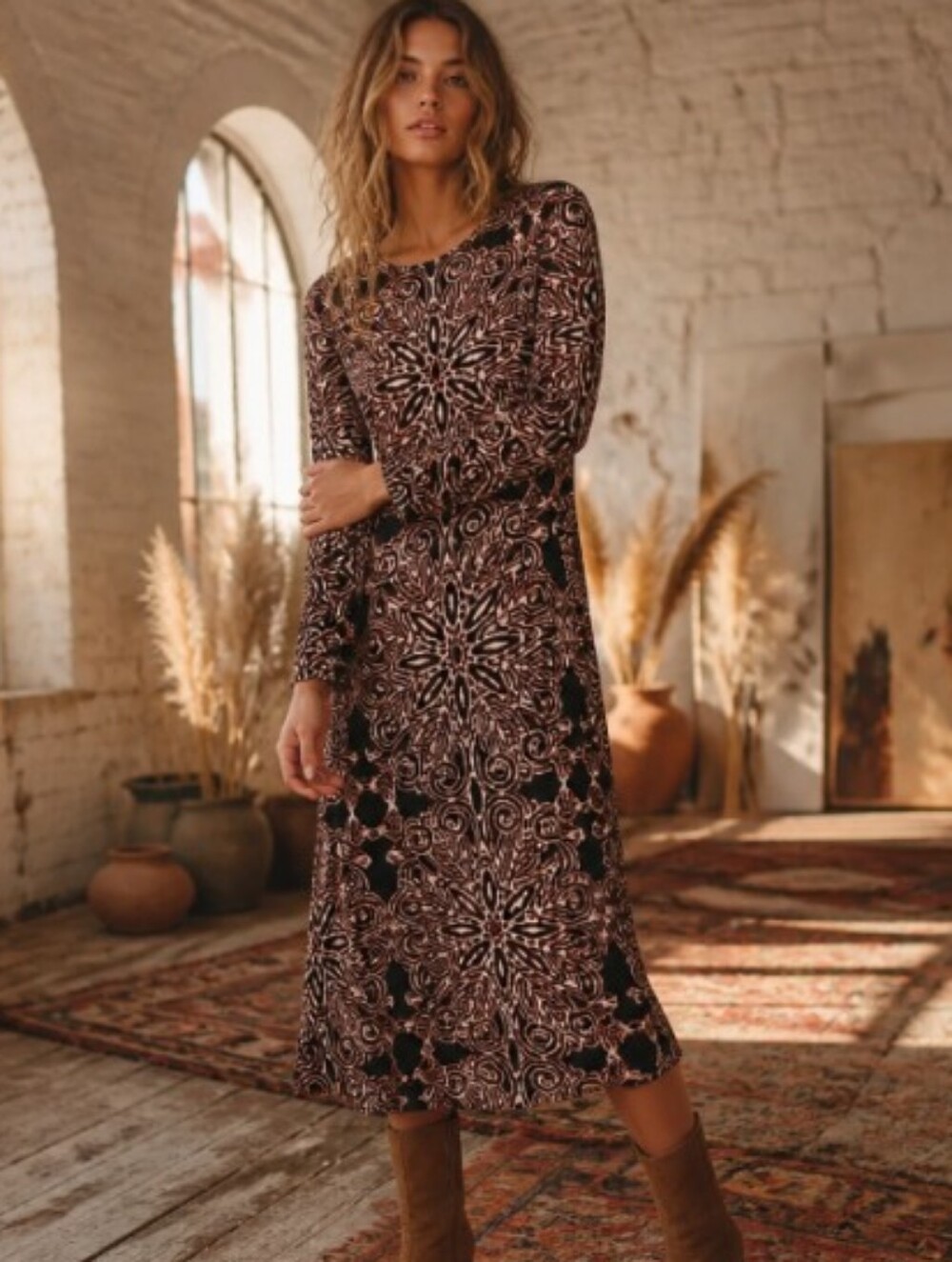 London Times Long-Sleeve Floral-Print Midi Dress in Black and Brown